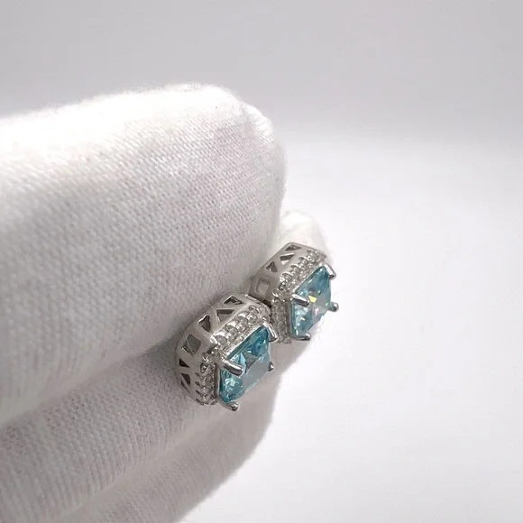 .925 Sterling Silver Halo Cushion Cut Simulated Aquamarine Cz Earrings - Picture 4 of 12